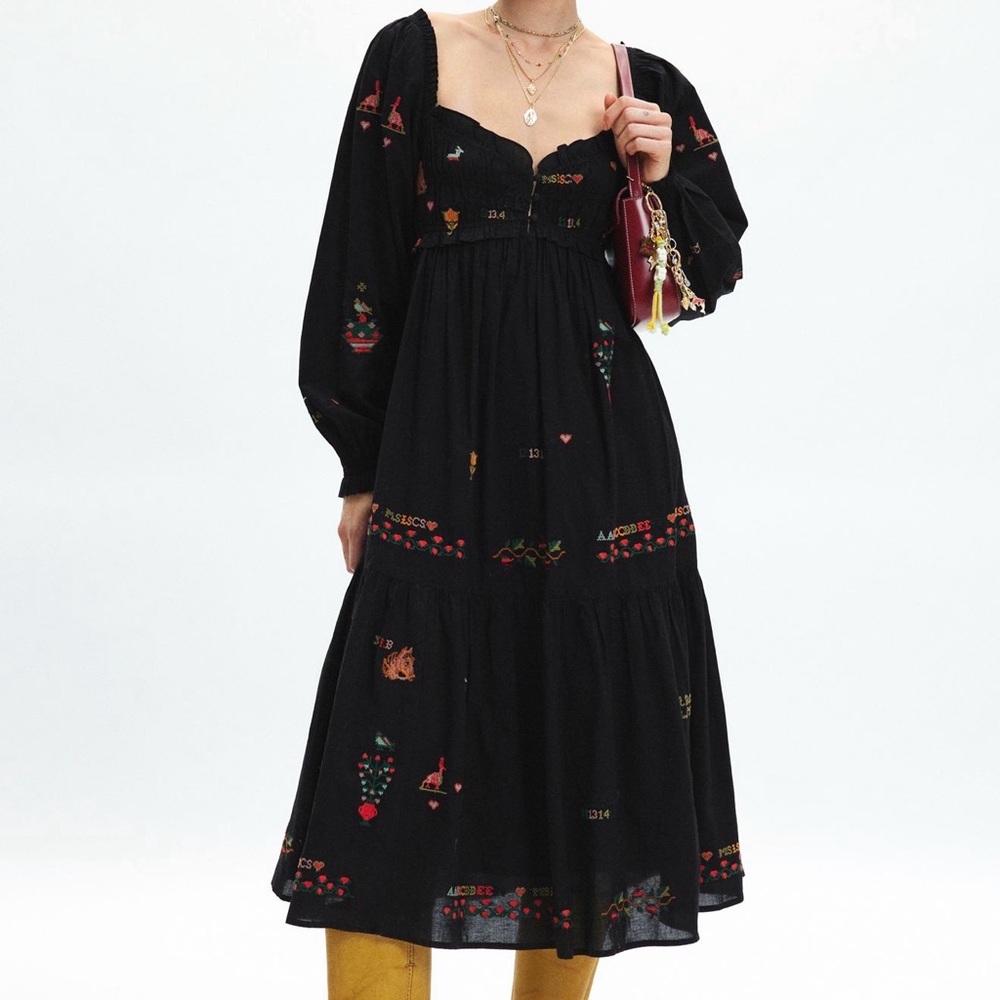 Kimchi Blue Fiona Embroidered Long Sleeve Babydoll Midi Dress XL UO